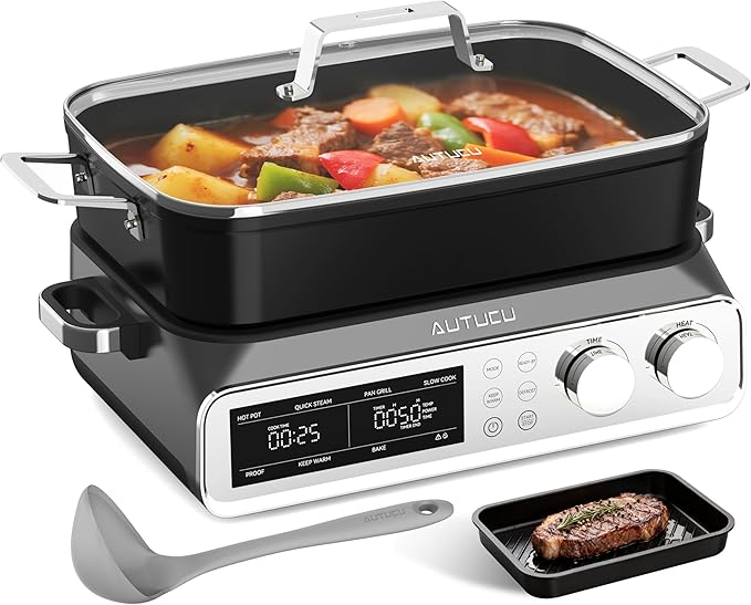 N21NA Pro Slow Cooker 10 Quart, 8-in-1 Programmable PFOA-Free Ceramic Coated Multi-Cooker with Grill Pan, Steaming Plate (Includes Silicone Spoon & Tongs)